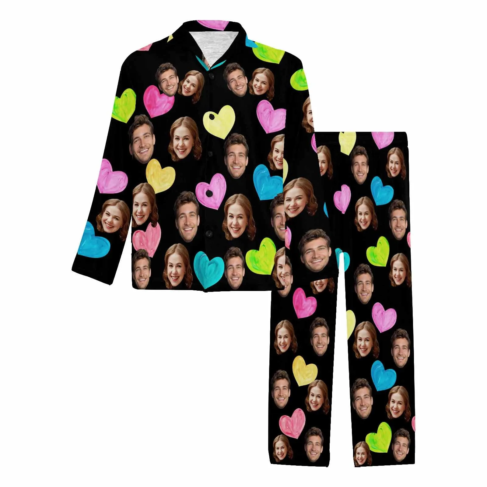 Personalized Couple Matching Long Pajama Set Custom Face V-Neck Buttons Sleepwear Slumber Party