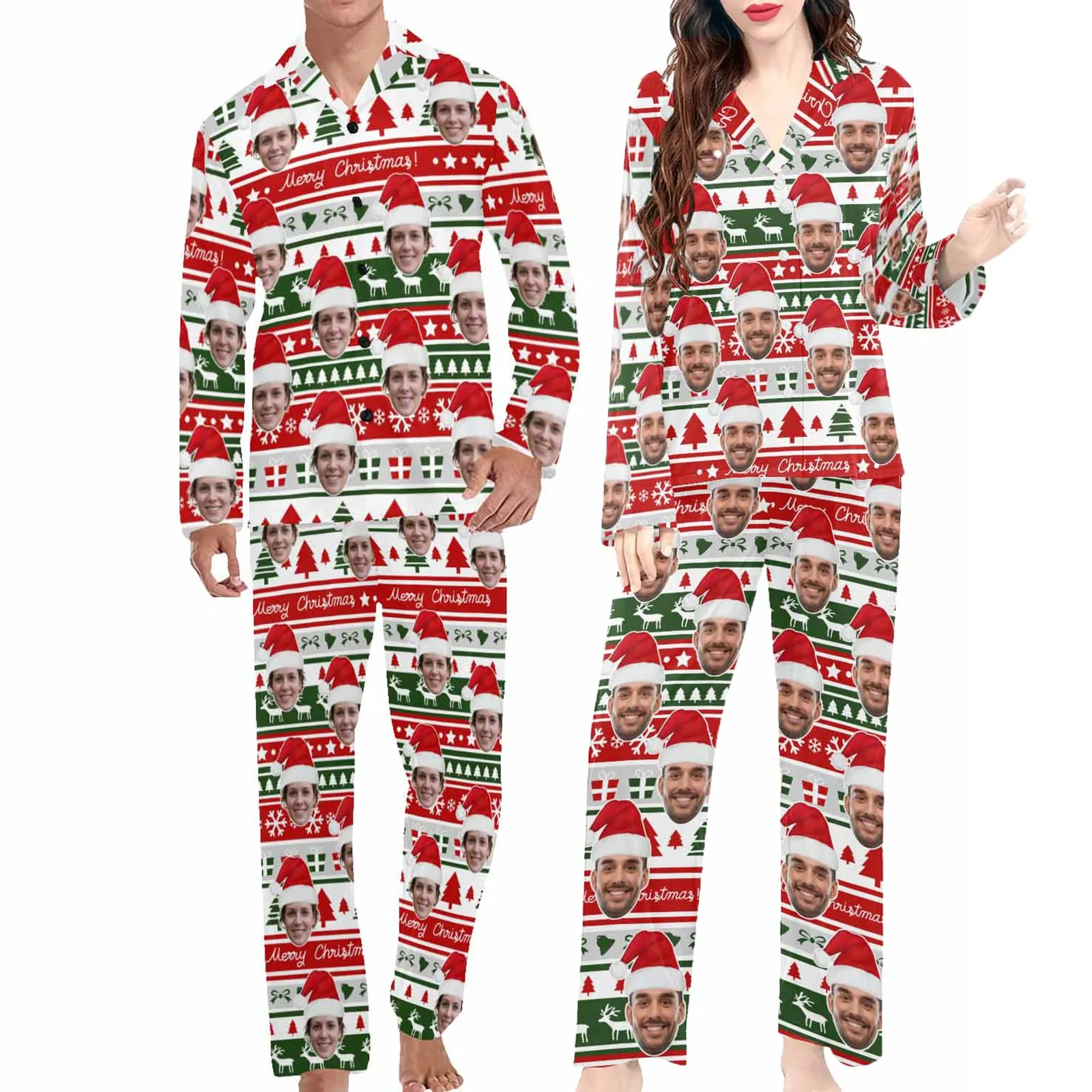 Personalized Couple Matching Long Pajama Set Custom Face V-Neck Buttons Sleepwear Slumber Party