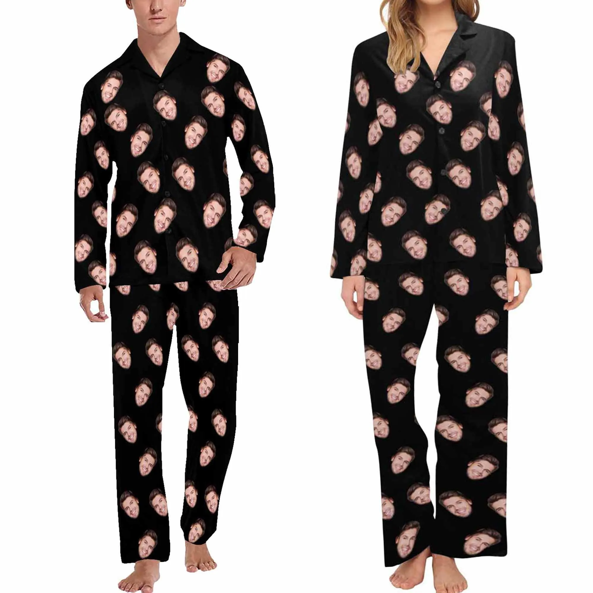 Personalized Couple Matching Long Pajama Set Custom Face V-Neck Buttons Sleepwear Slumber Party