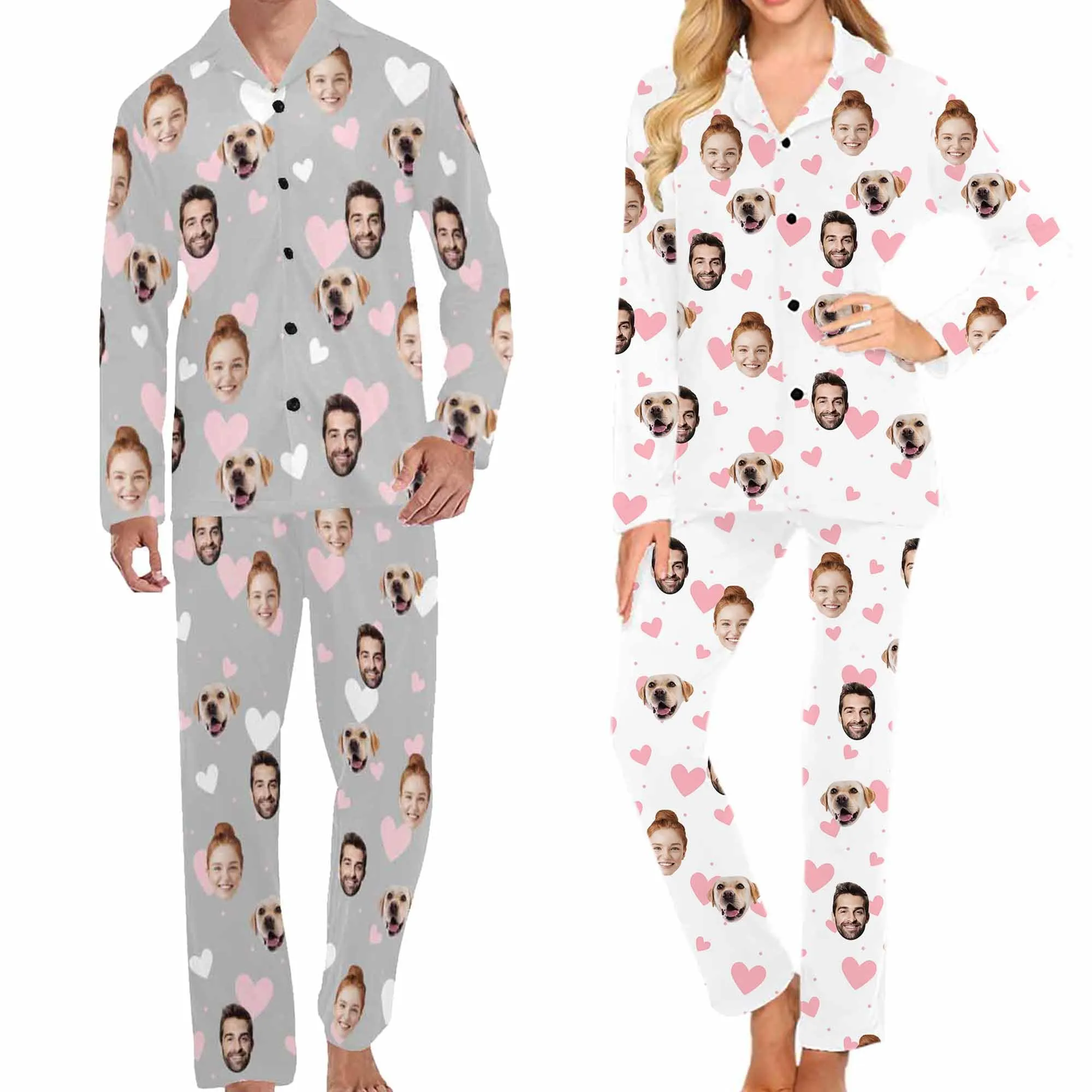 Personalized Couple Matching Long Pajama Set Custom Face V-Neck Buttons Sleepwear Slumber Party