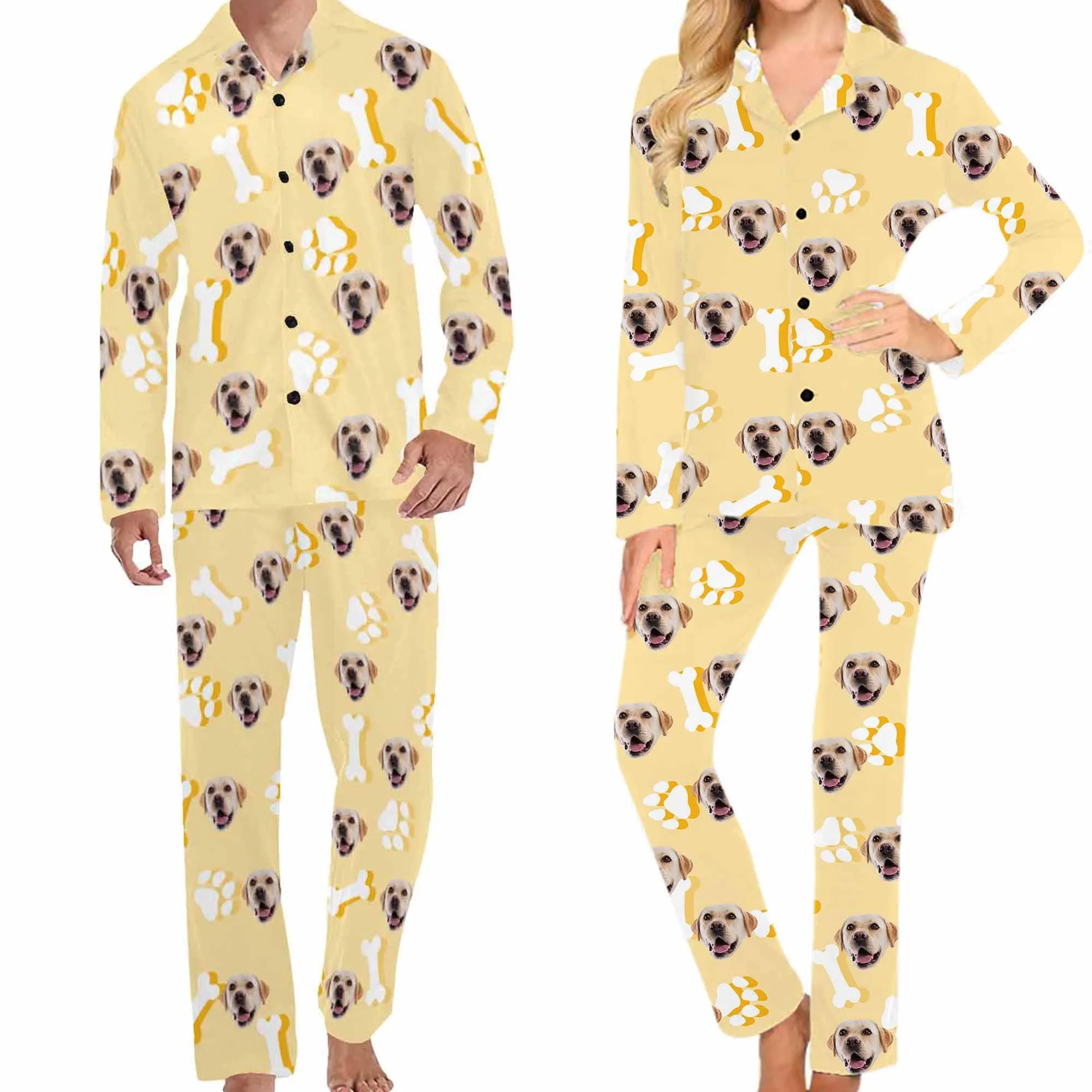 Personalized Couple Matching Long Pajama Set Custom Face V-Neck Buttons Sleepwear Slumber Party