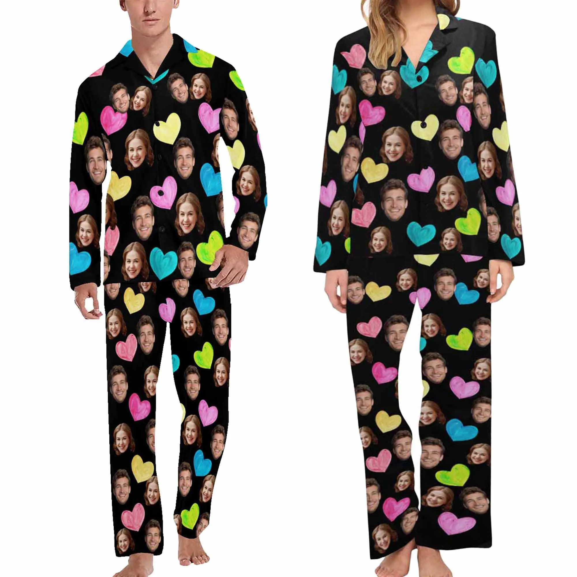 Personalized Couple Matching Long Pajama Set Custom Face V-Neck Buttons Sleepwear Slumber Party