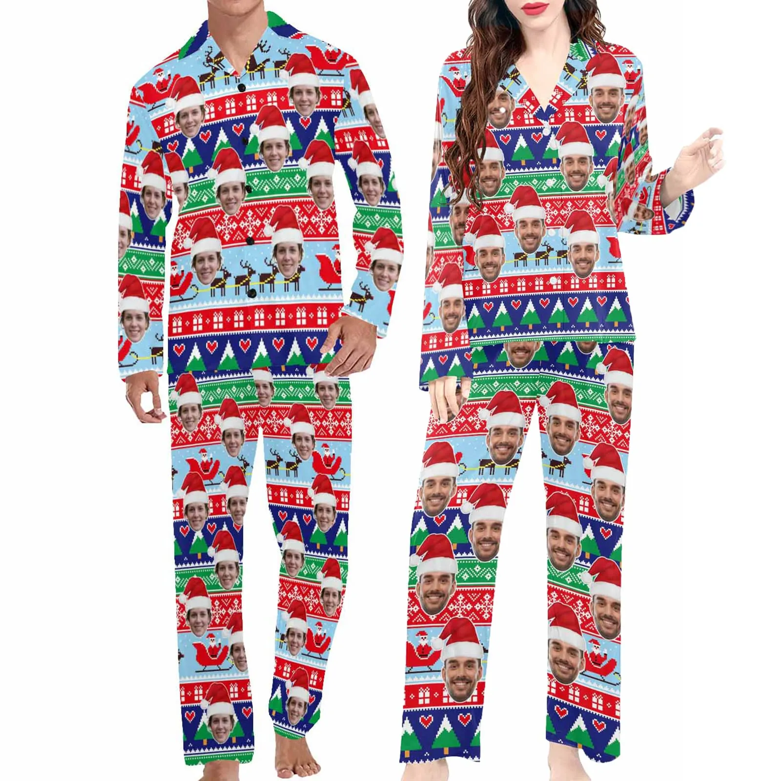 Personalized Couple Matching Long Pajama Set Custom Face V-Neck Buttons Sleepwear Slumber Party