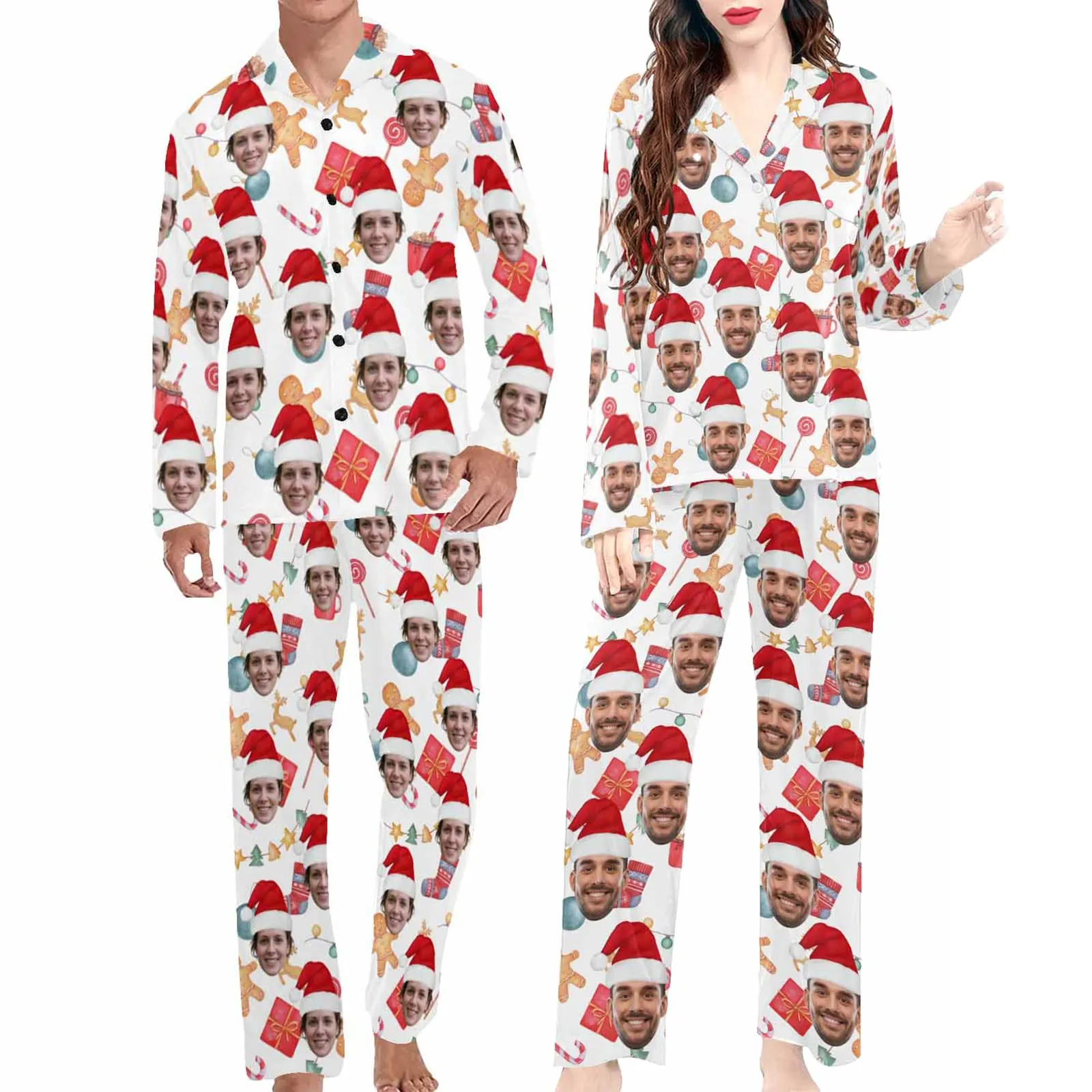 Personalized Couple Matching Long Pajama Set Custom Face V-Neck Buttons Sleepwear Slumber Party