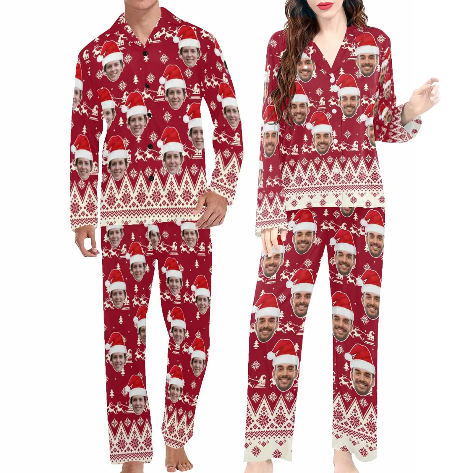 Personalized Couple Matching Long Pajama Set Custom Face V-Neck Buttons Sleepwear Slumber Party