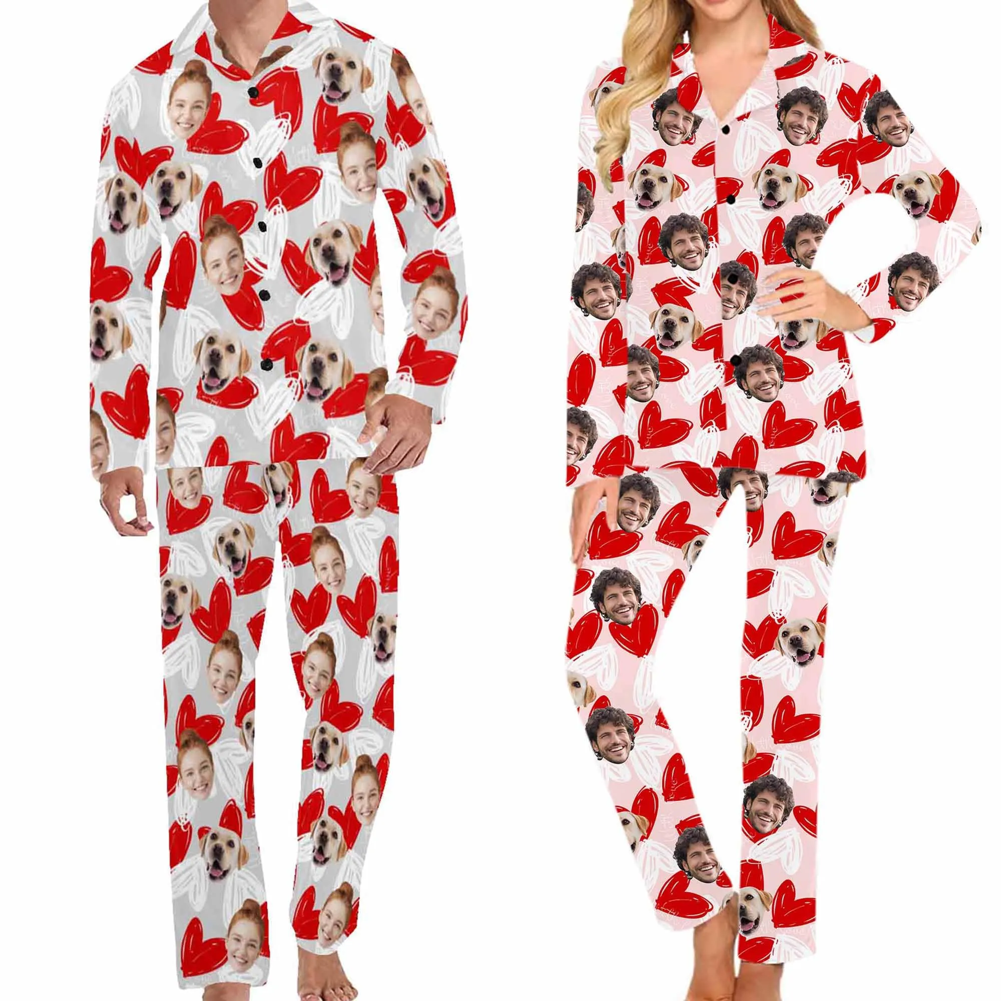 Personalized Couple Matching Long Pajama Set Custom Face V-Neck Buttons Sleepwear Slumber Party