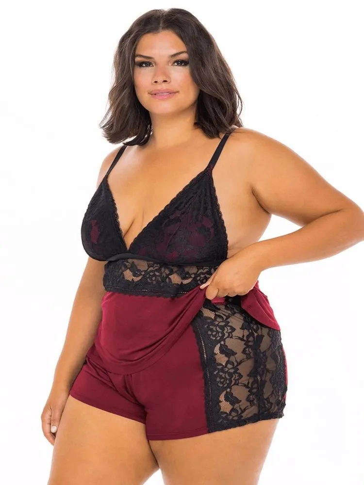 Plus Size Jersey & Lace Pajama Set