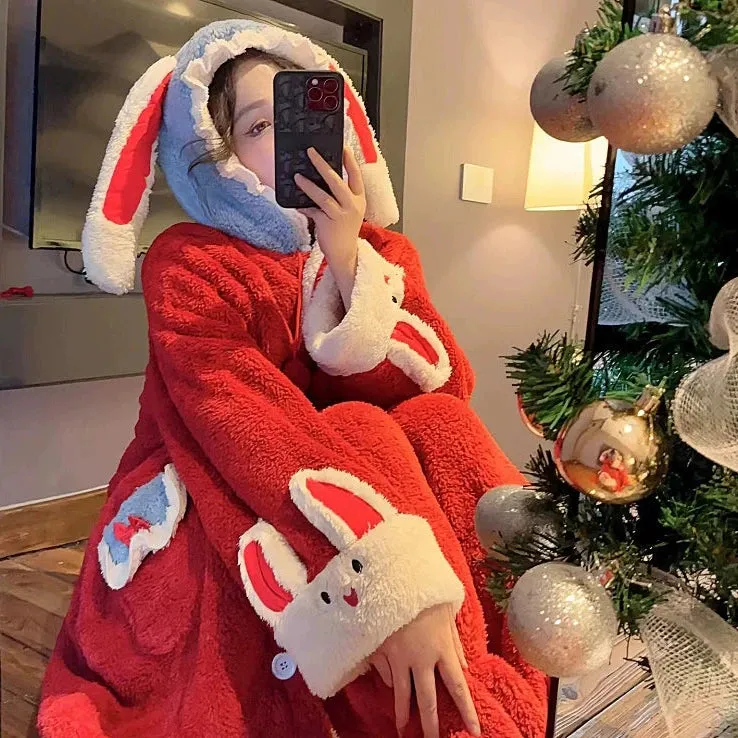 Red Year of the Rabbit Pajamas  Women's Winter Coral Velvet Nightgown