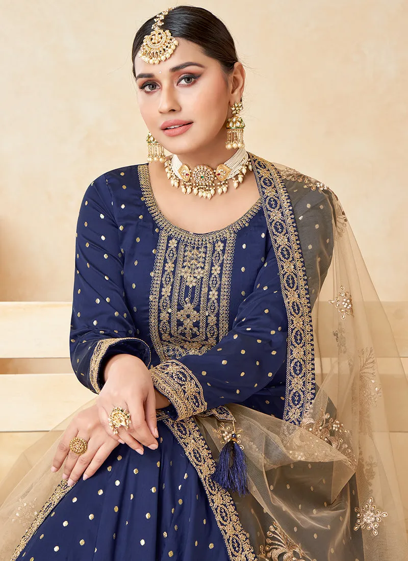 Royal Blue Embroidery Festive Silk Anarkali Suit