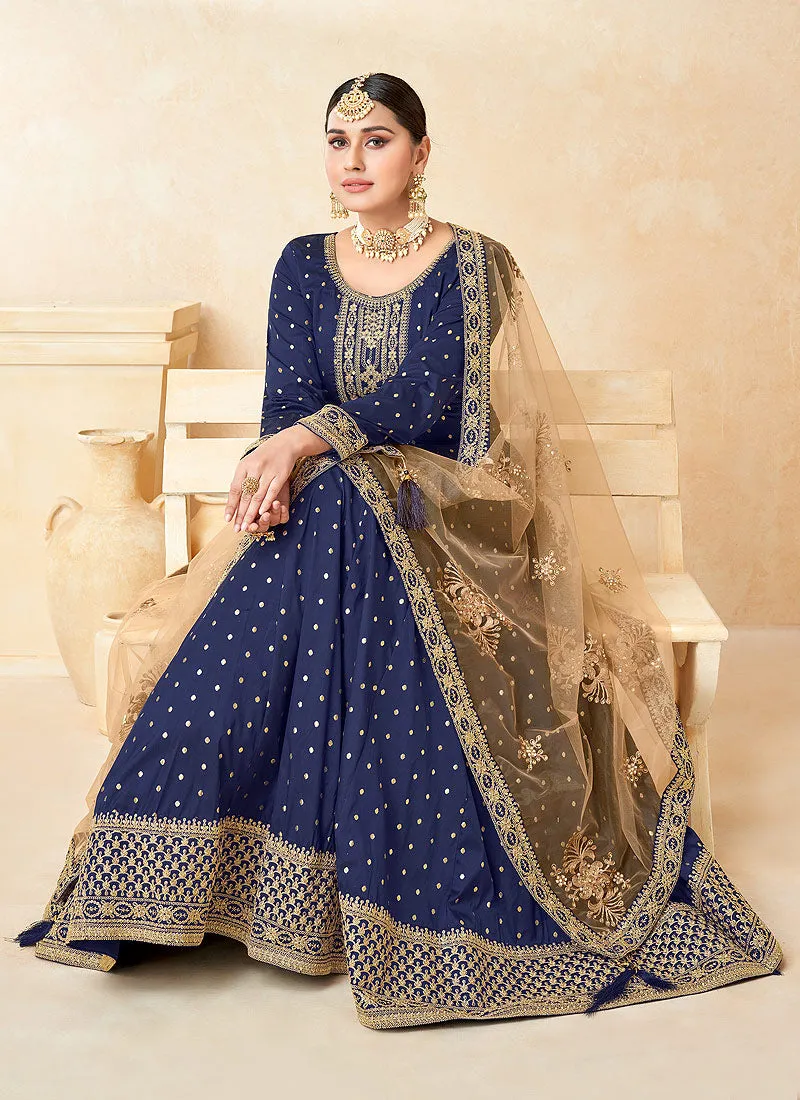 Royal Blue Embroidery Festive Silk Anarkali Suit