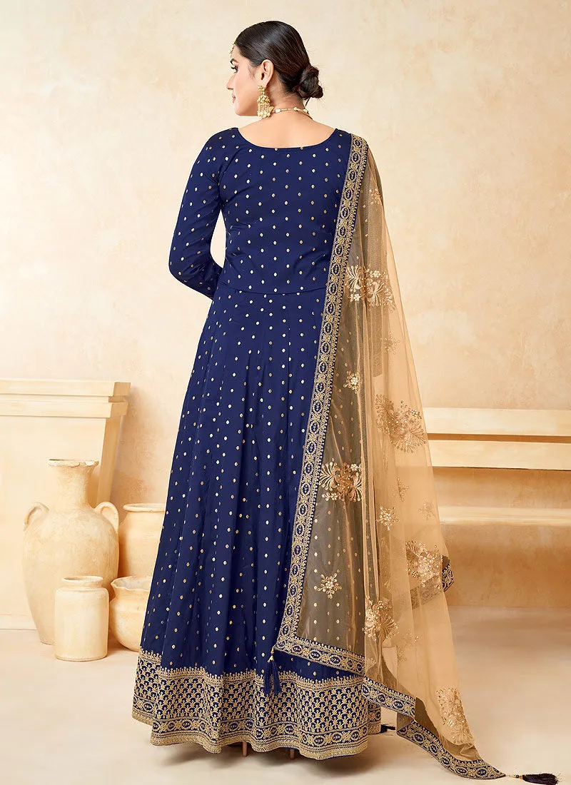 Royal Blue Embroidery Festive Silk Anarkali Suit