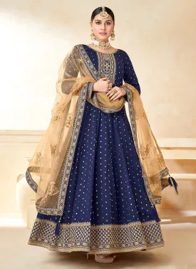 Royal Blue Embroidery Festive Silk Anarkali Suit