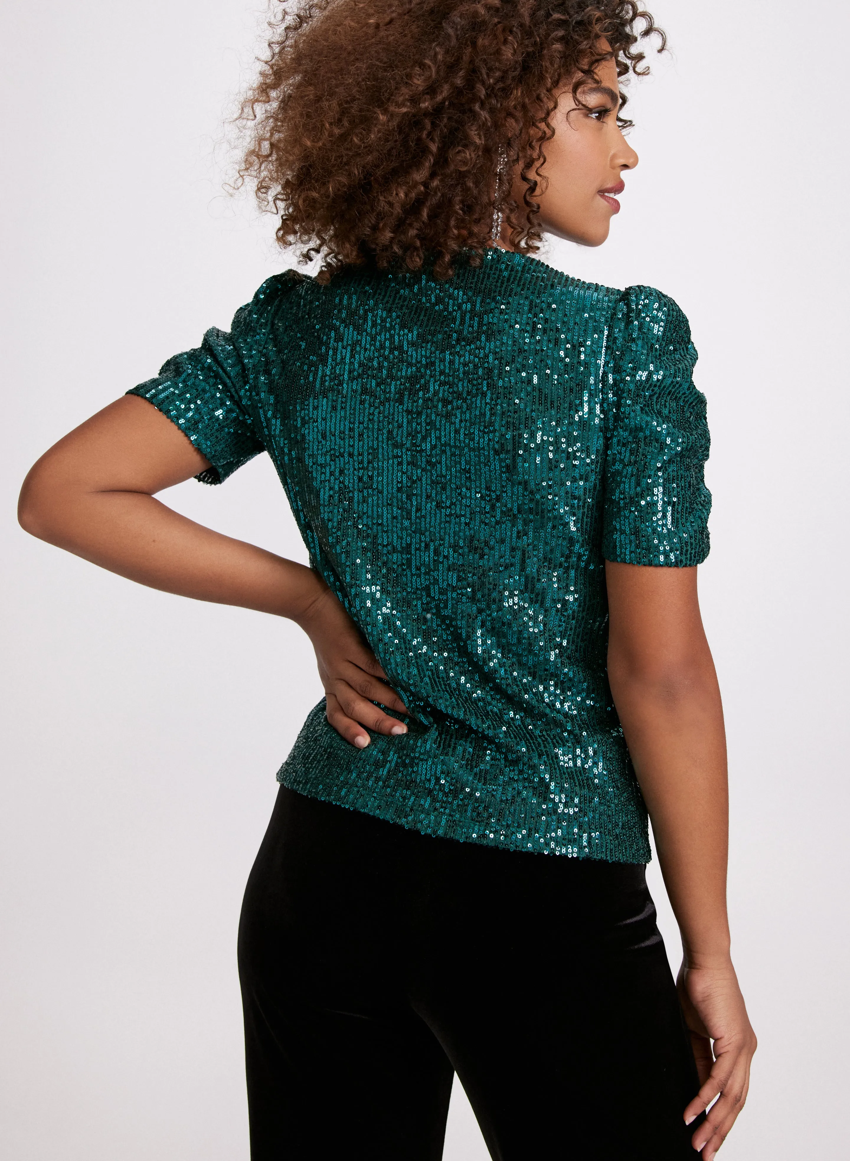 Ruched Sleeve Sequin Top