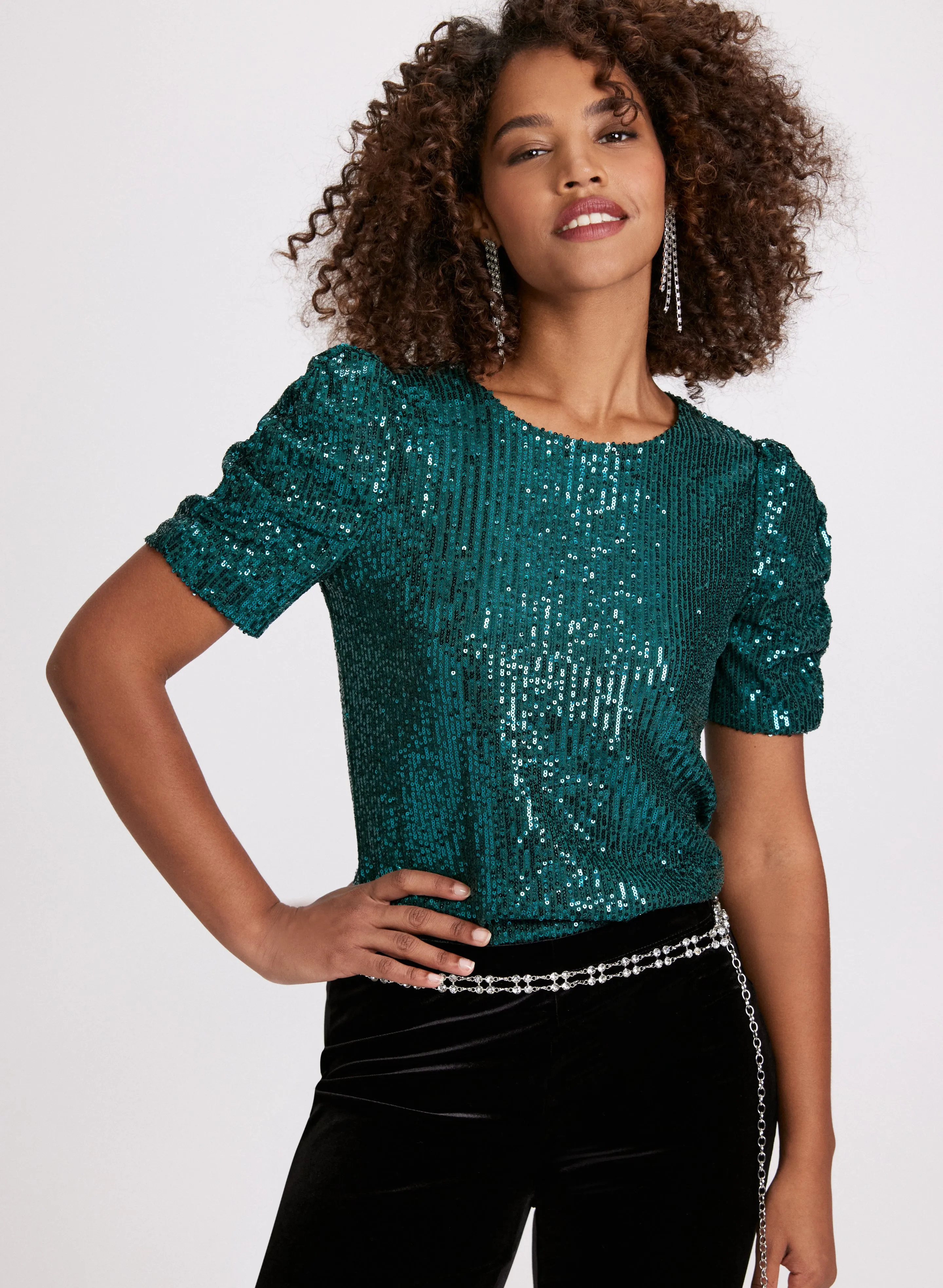 Ruched Sleeve Sequin Top