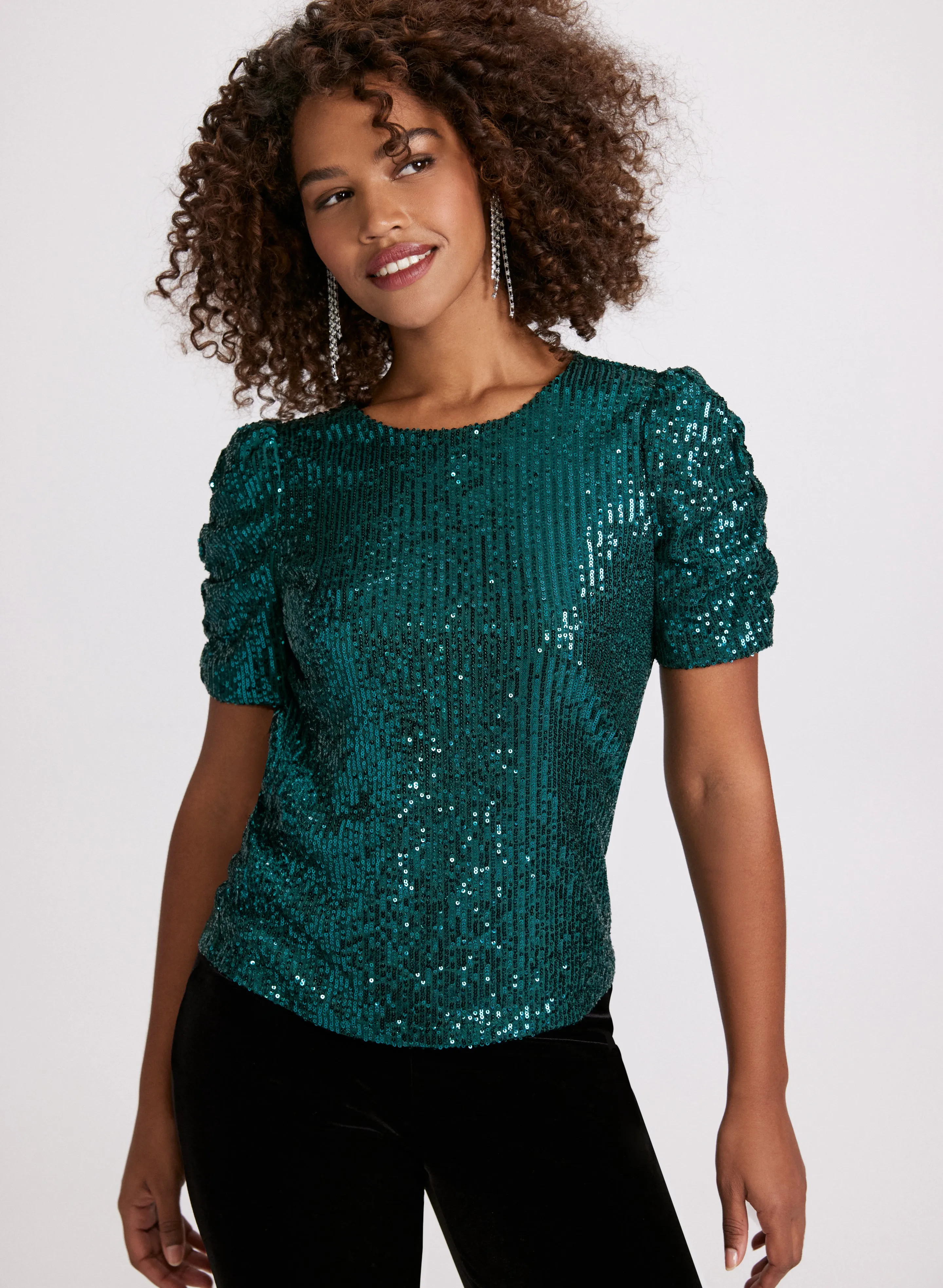 Ruched Sleeve Sequin Top