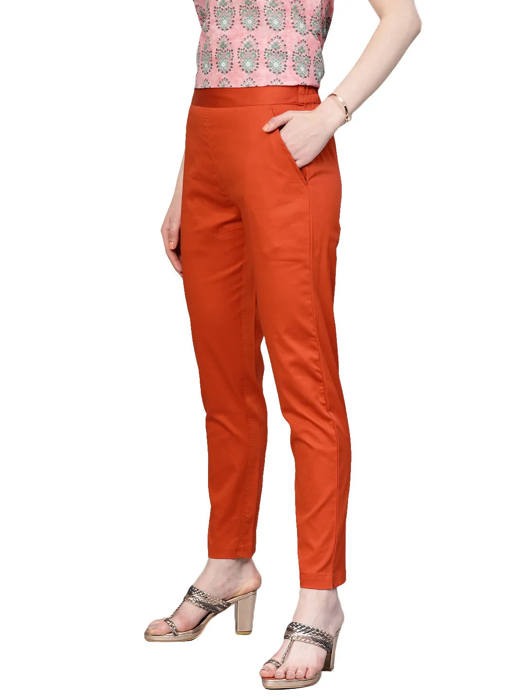 Rust Orange Solid Cotton Lycra Pants