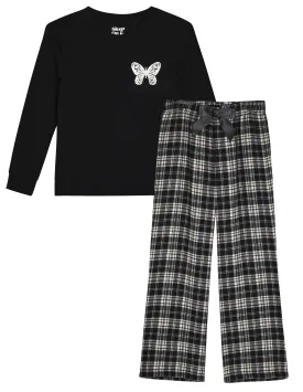 Sleep On It Girls 2-Piece Woven Flannel Plaid Pajama Set - Black