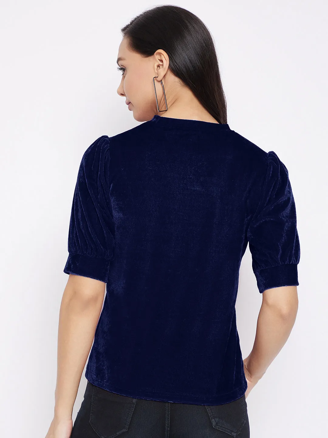 Stretchable Velvet High Neck Puff Sleeve Top