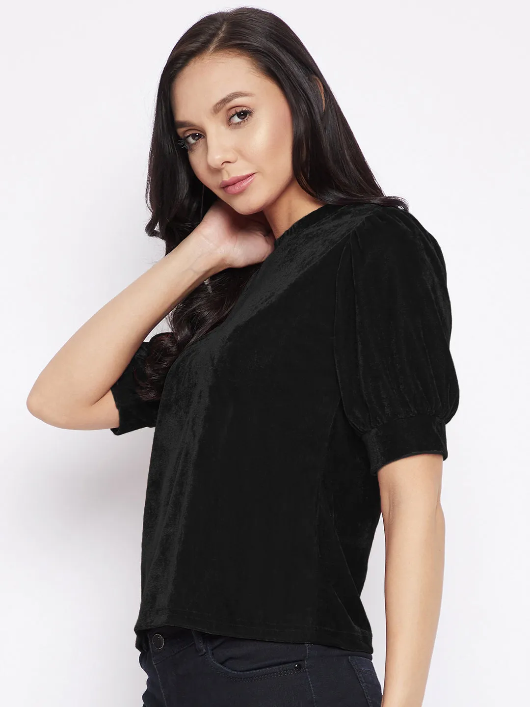 Stretchable Velvet High Neck Puff Sleeve Top