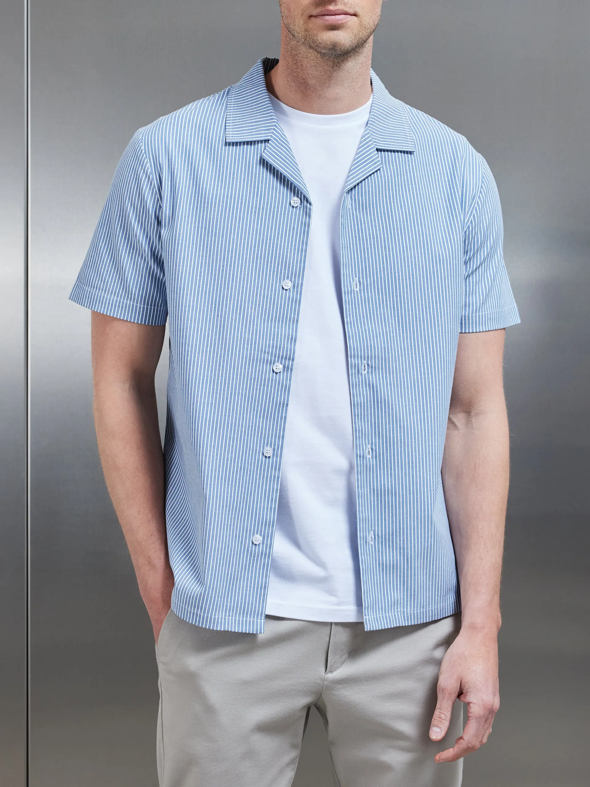 Stripe Short Sleeve Revere Collar Shirt in Blue