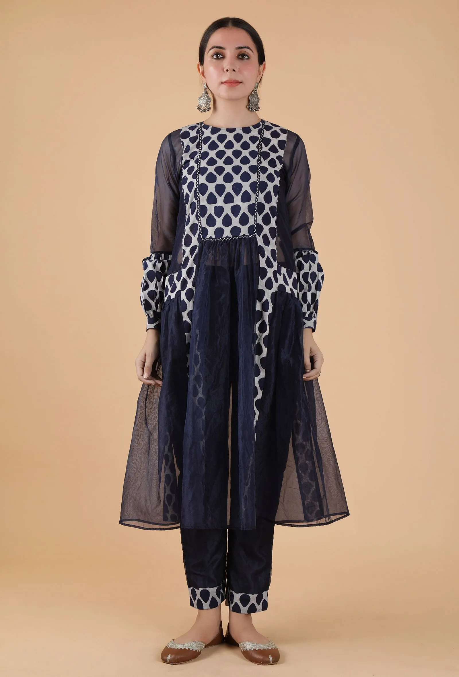 Tayanna Indigo Solid Blue Organza Gathered Kurta & Bustier Top