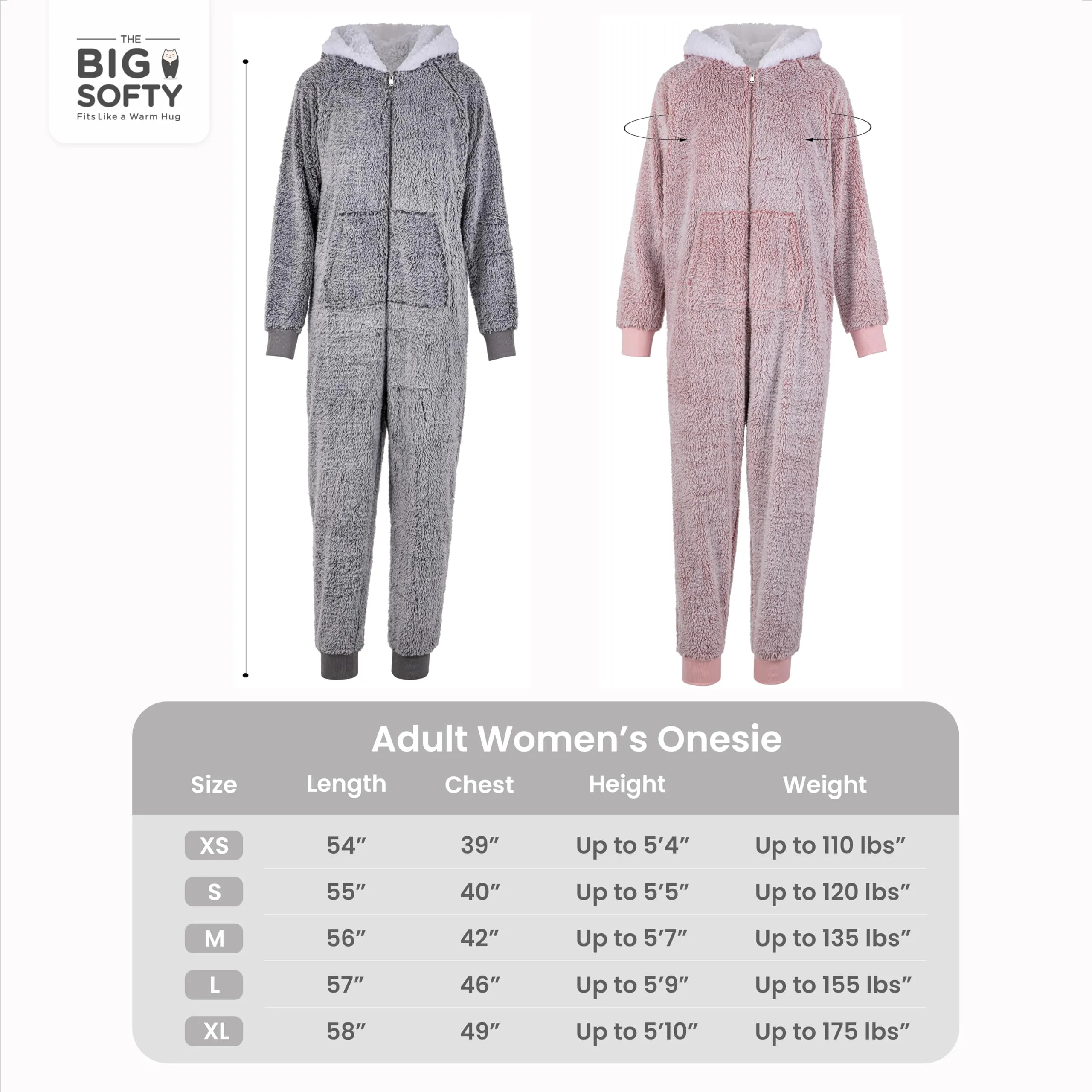 The Big Softy - Adult Onesie Pajamas for Women, Teddy Fleece Womens Onesie Pajamas, Fuzzy Pajama Onesies for Women, Teens PJs (Large, Pink)