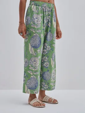 Utsa Green Floral Design High-Rise Ethnic Pants