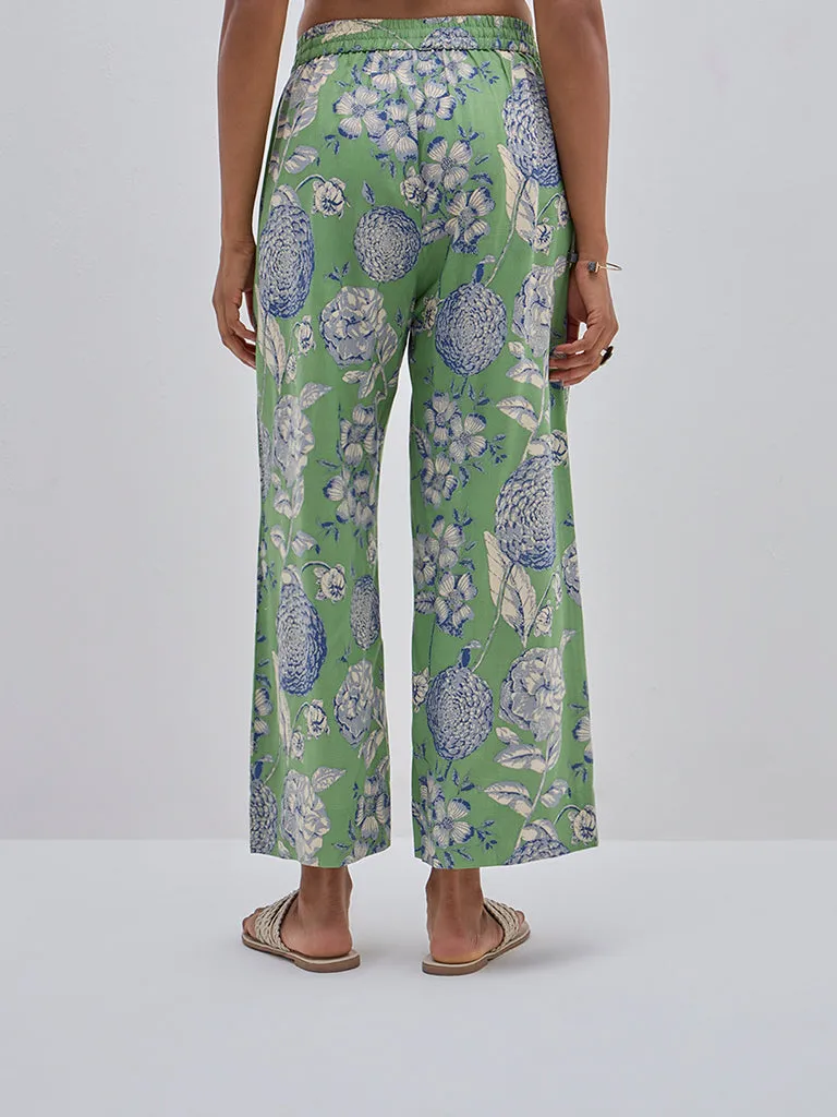 Utsa Green Floral Design High-Rise Ethnic Pants