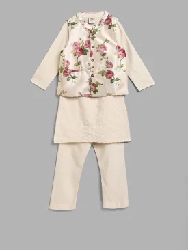 Utsa Kids Cream Kurta with Floral Jacket & Pants Set (2 - 8yrs)