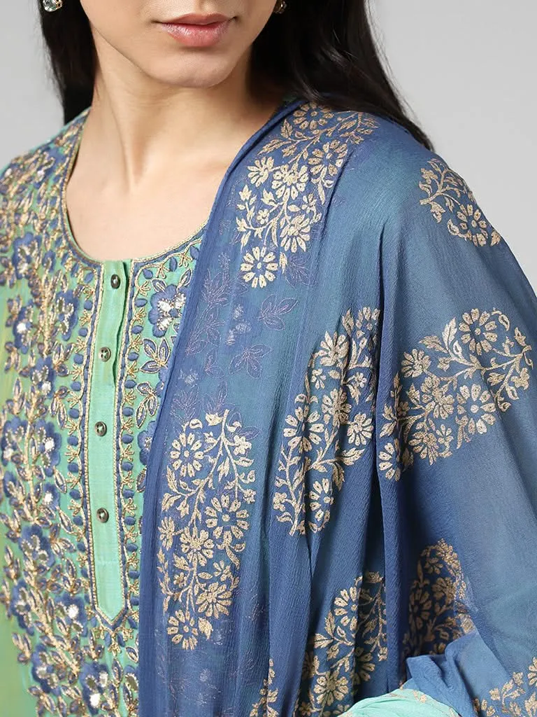 Vark Embroidered Light Green Kurta with Palazzos & Dupatta