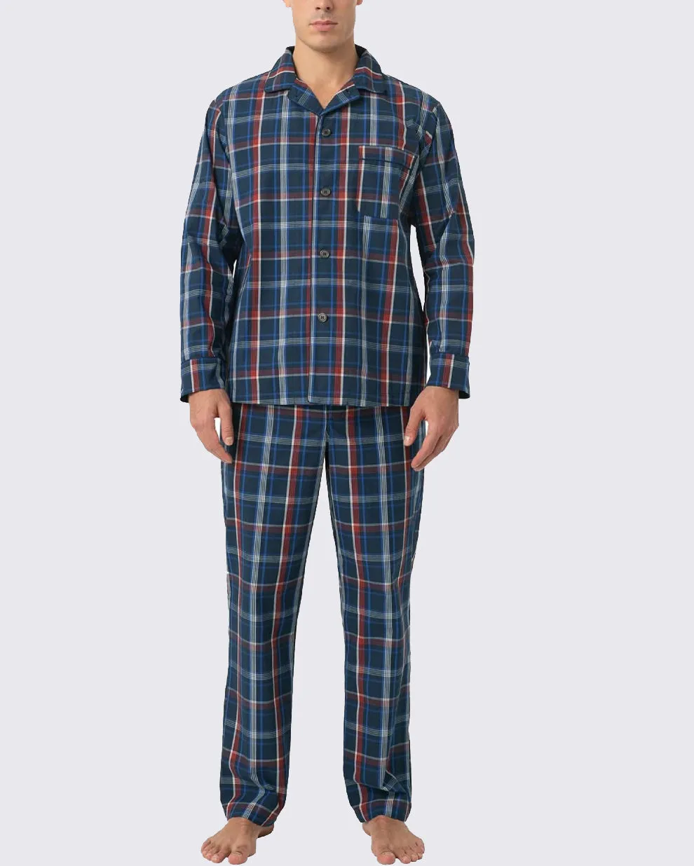 Wholesale Men's Pajama Sets Pocket Woven Cotton Knit Plaid Button Men's Loungewear Sleepwear Sets