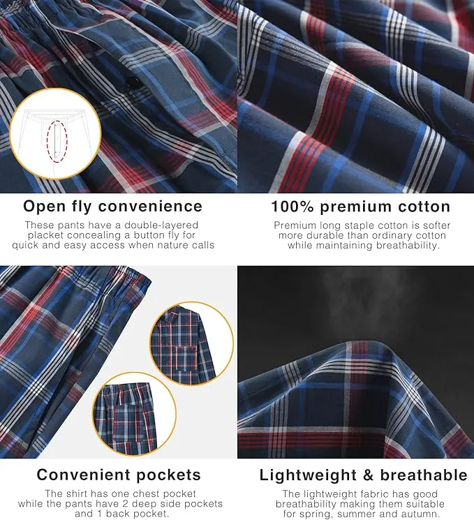 Wholesale Men's Pajama Sets Pocket Woven Cotton Knit Plaid Button Men's Loungewear Sleepwear Sets