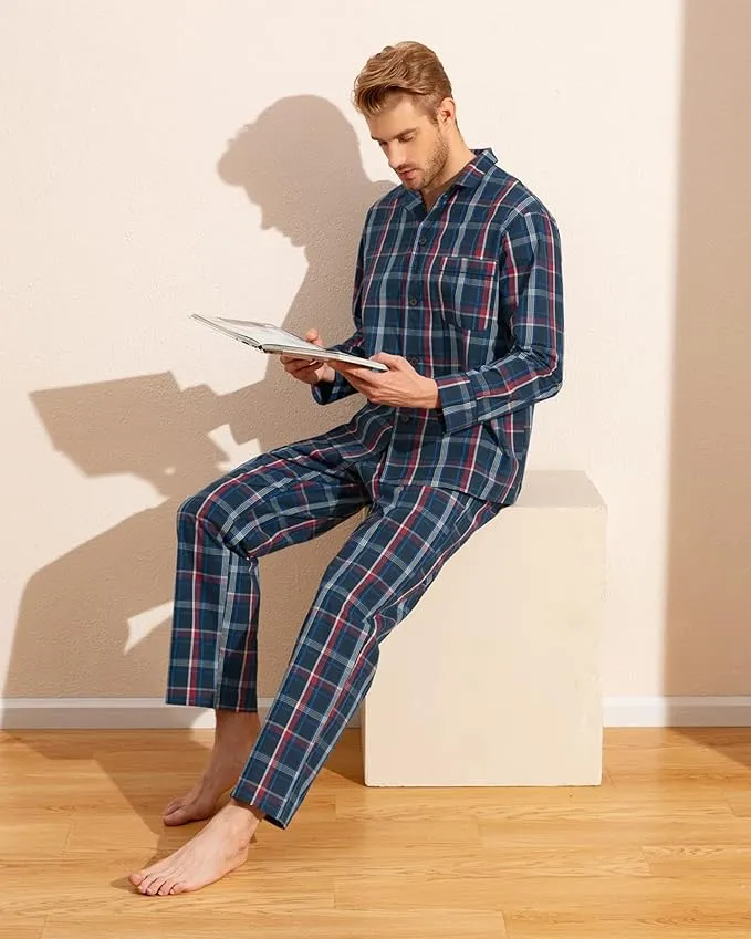 Wholesale Men's Pajama Sets Pocket Woven Cotton Knit Plaid Button Men's Loungewear Sleepwear Sets