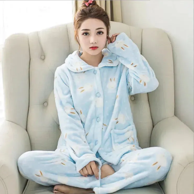 Women Coral Velvet Fleece Pajamas Fall Winter Loungewear Flannel  Sleepwear