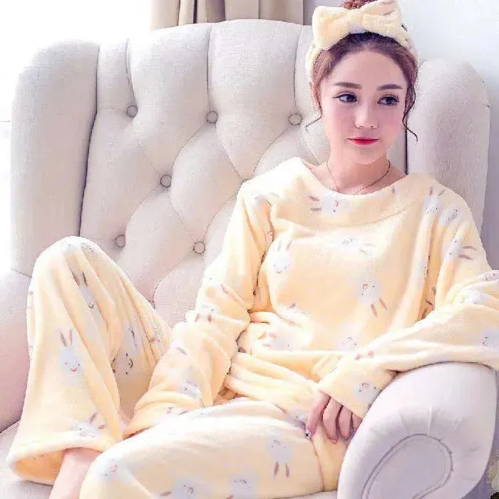 Women Coral Velvet Fleece Pajamas Fall Winter Loungewear Flannel  Sleepwear