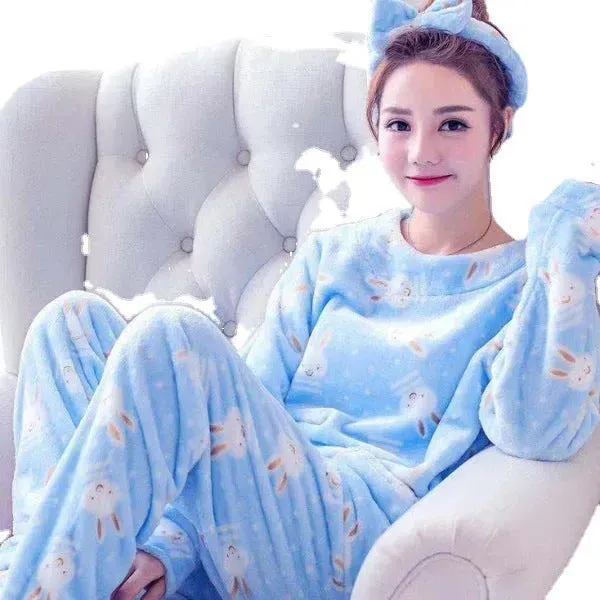 Women Coral Velvet Fleece Pajamas Fall Winter Loungewear Flannel  Sleepwear