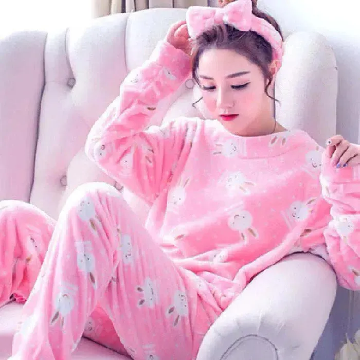 Women Coral Velvet Fleece Pajamas Fall Winter Loungewear Flannel  Sleepwear