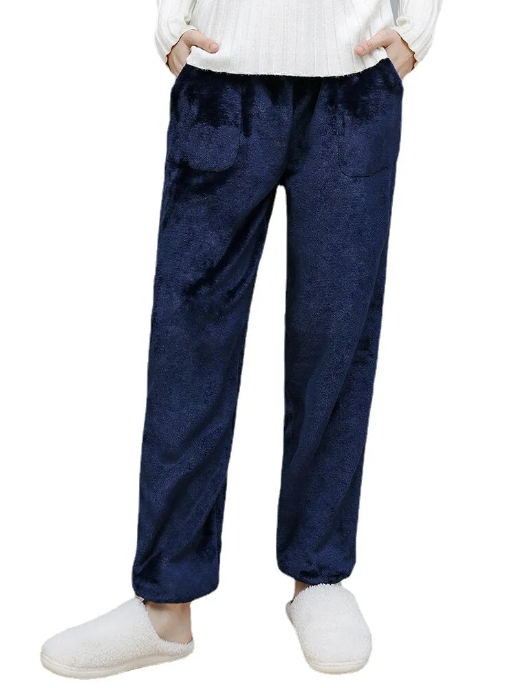 Women Flannel Solid Color Thicken Warm Home Sleepwear Pants With Pocket