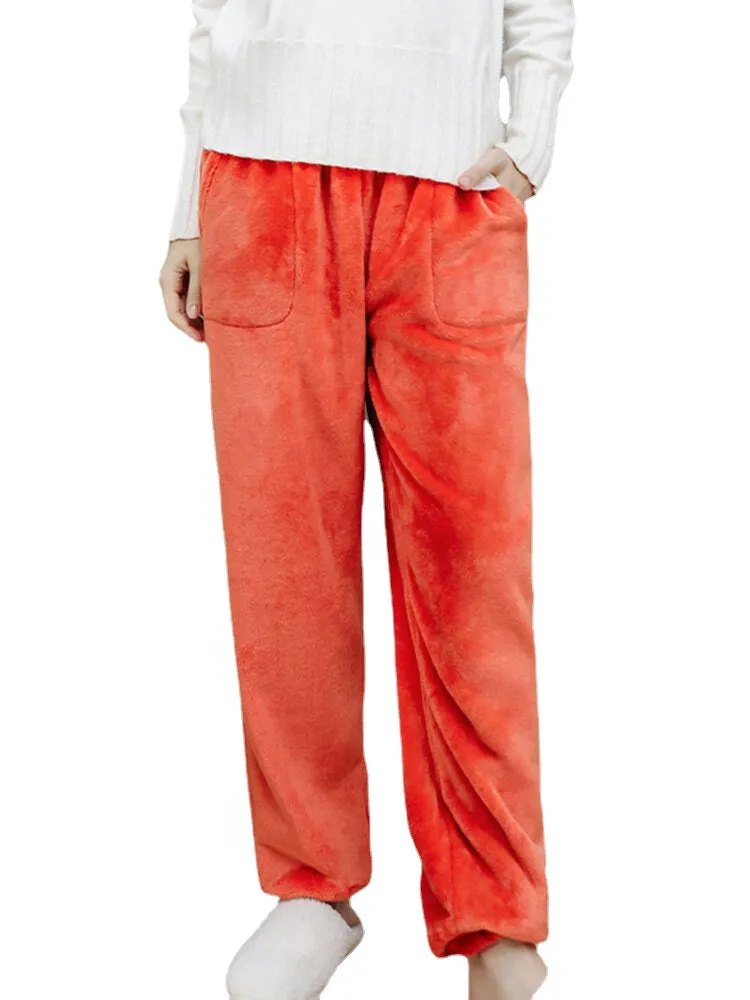 Women Flannel Solid Color Thicken Warm Home Sleepwear Pants With Pocket