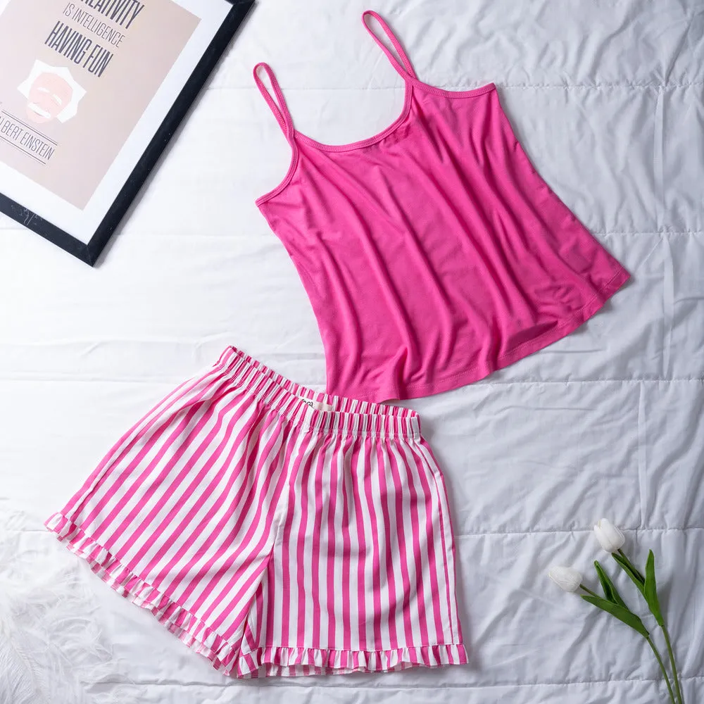 Women summer pajama set Fuchsia top  Fuchsia striped shorts