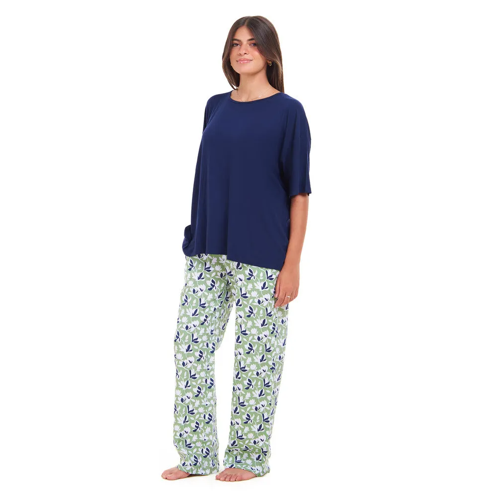 Women summer pajama set Navy Oversized top   Green x blue Flory pants