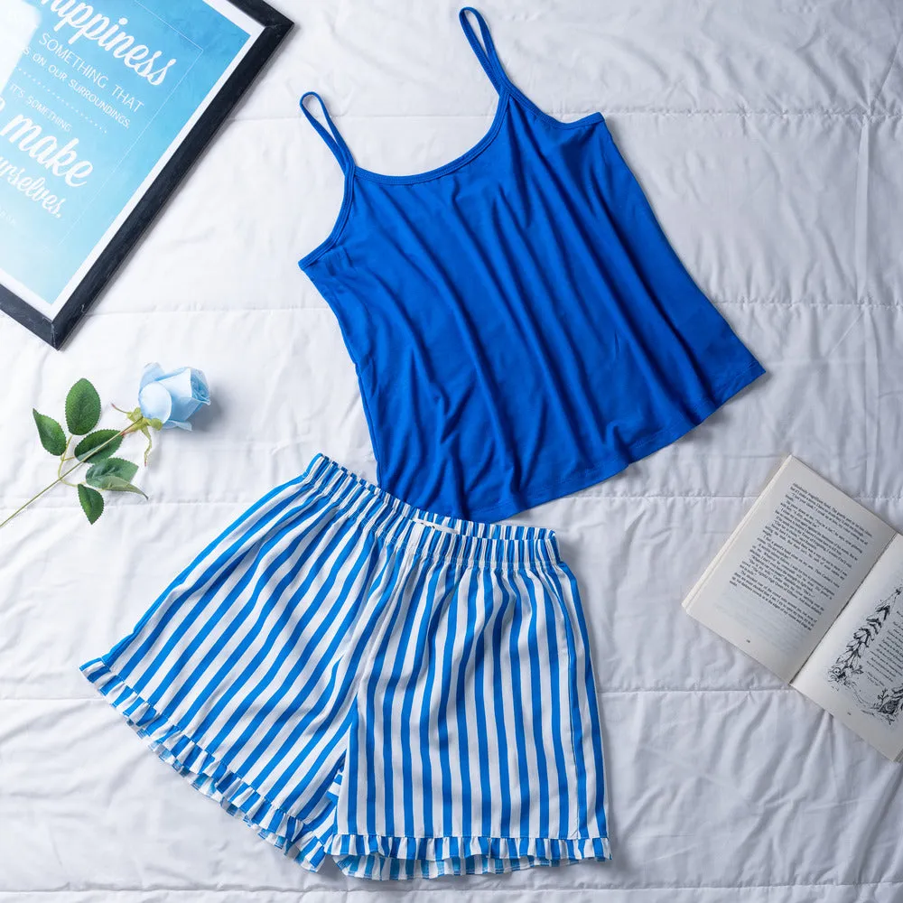 Women summer pajama set Royal Blue top   Royal blue striped shorts