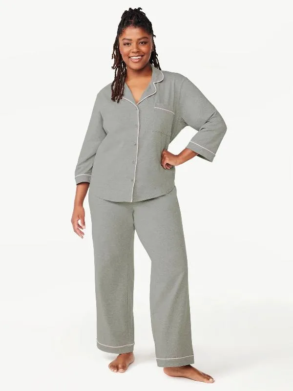 Women’s 2 Piece Pajama Set - Cotton Blend Notch Collar Top and Pants