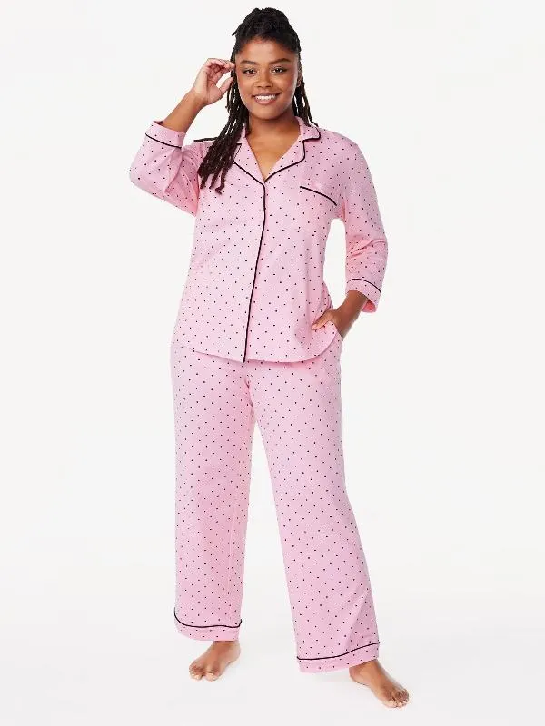 Women’s 2 Piece Pajama Set - Cotton Blend Notch Collar Top and Pants