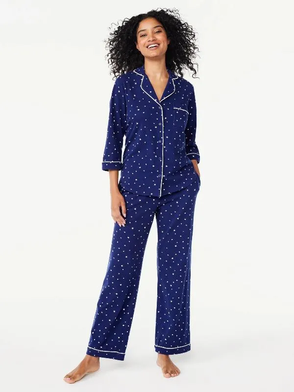 Women’s 2 Piece Pajama Set - Cotton Blend Notch Collar Top and Pants