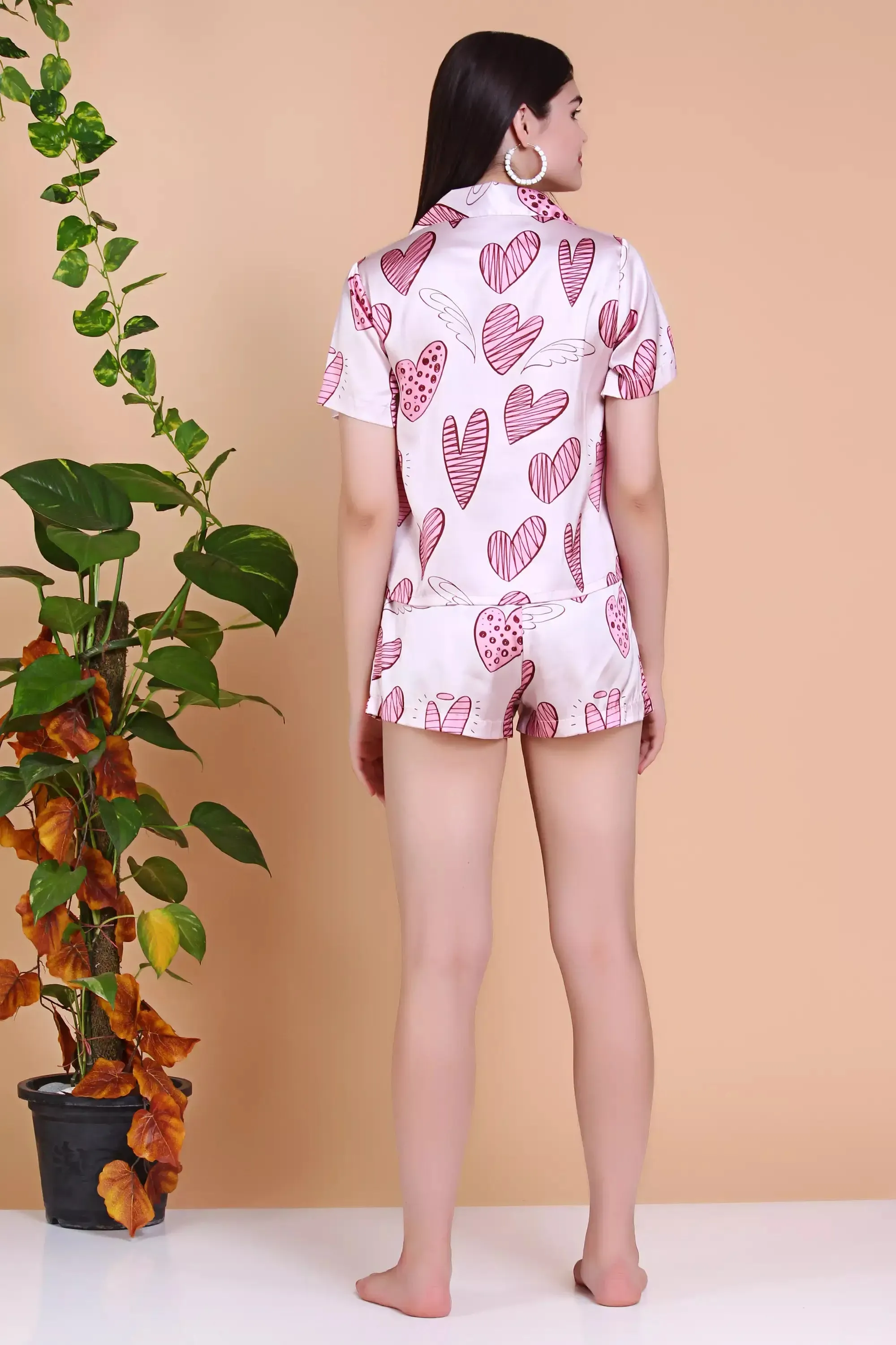 Womens 2-Piece Pajama Short Sets Heart Print Button Down Sleepwear Shorts Pjs Set