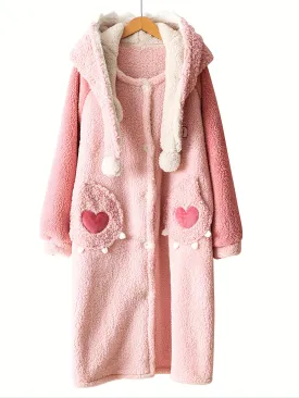 Women's Cartoon Fuzzy Hooded Night Robe - Soft, Long Sleeve, Cute Buttons, Two Pockets, Cozy Sleepwear for Relaxation