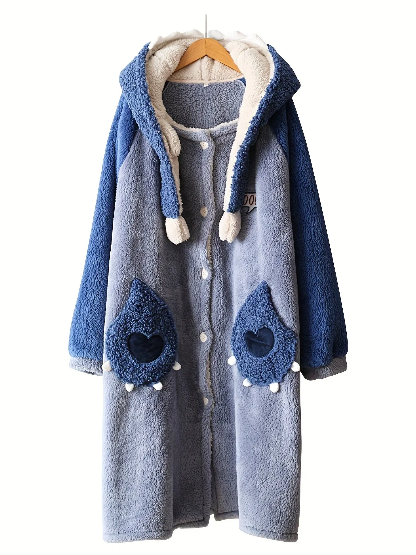 Women's Cartoon Fuzzy Hooded Night Robe - Soft, Long Sleeve, Cute Buttons, Two Pockets, Cozy Sleepwear for Relaxation