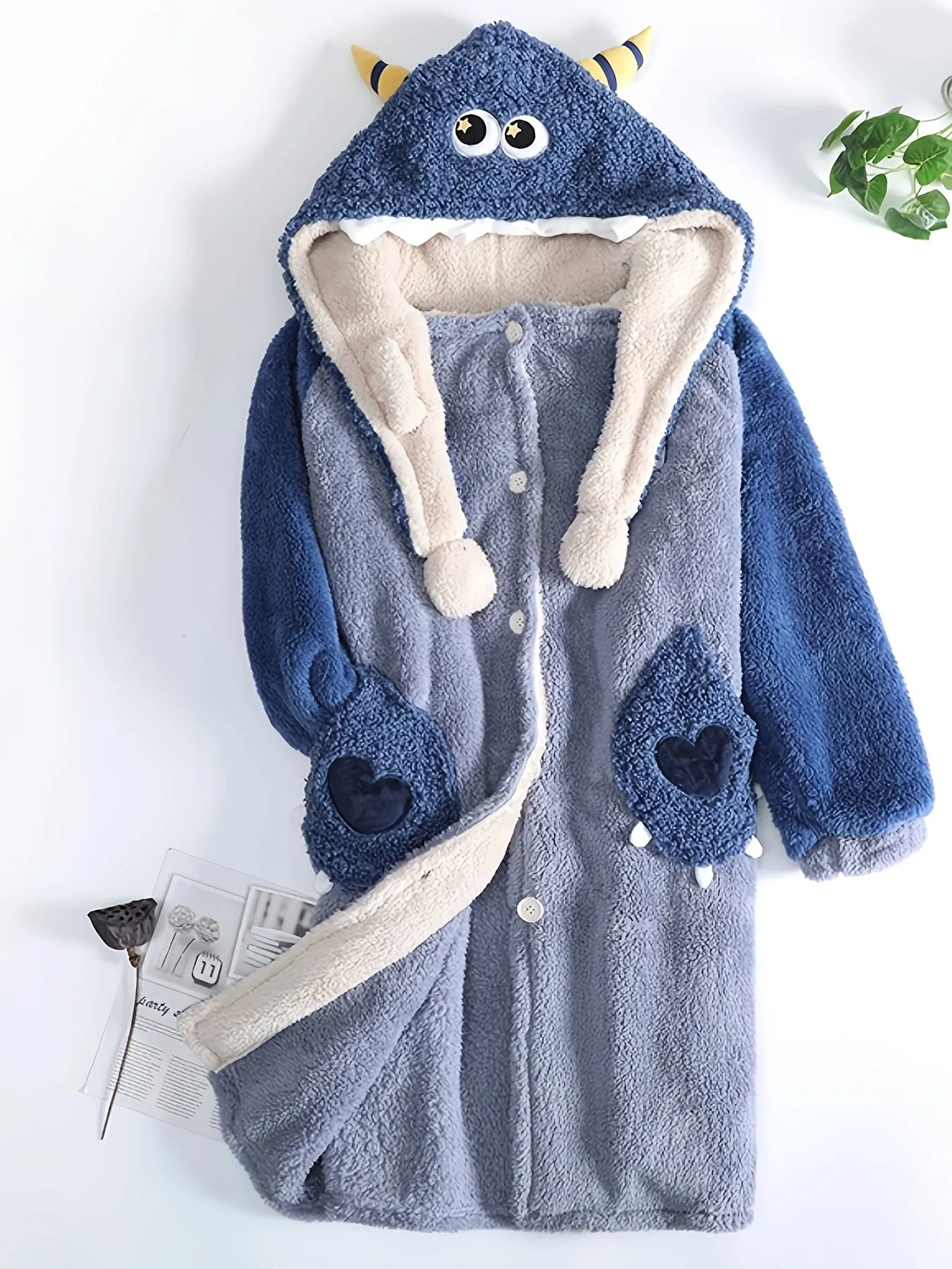 Women's Cartoon Fuzzy Hooded Night Robe - Soft, Long Sleeve, Cute Buttons, Two Pockets, Cozy Sleepwear for Relaxation