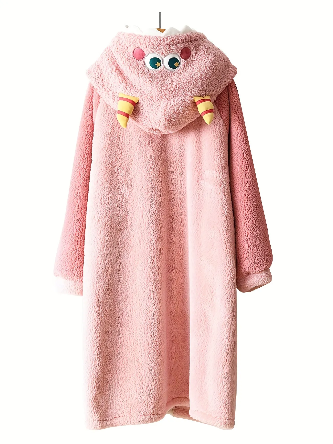 Women's Cartoon Fuzzy Hooded Night Robe - Soft, Long Sleeve, Cute Buttons, Two Pockets, Cozy Sleepwear for Relaxation